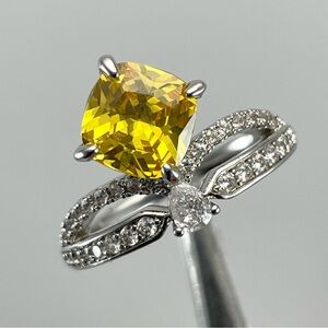 Beautiful Solitaire Statement Cushion Cut Yellow Diamond CZ Silver Plated Ring